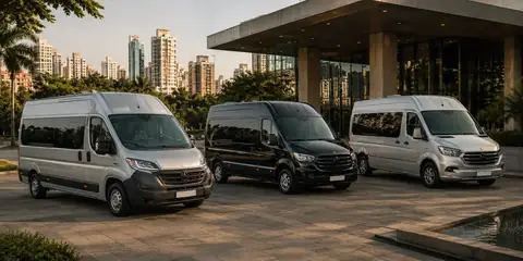 Executivos desembarcando de uma van branca em frente a um edifício corporativo