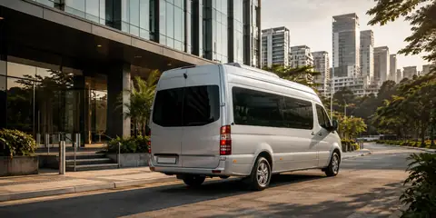 Van executiva branca da BH Vans estacionada em frente a um centro de eventos com convidados embarcando