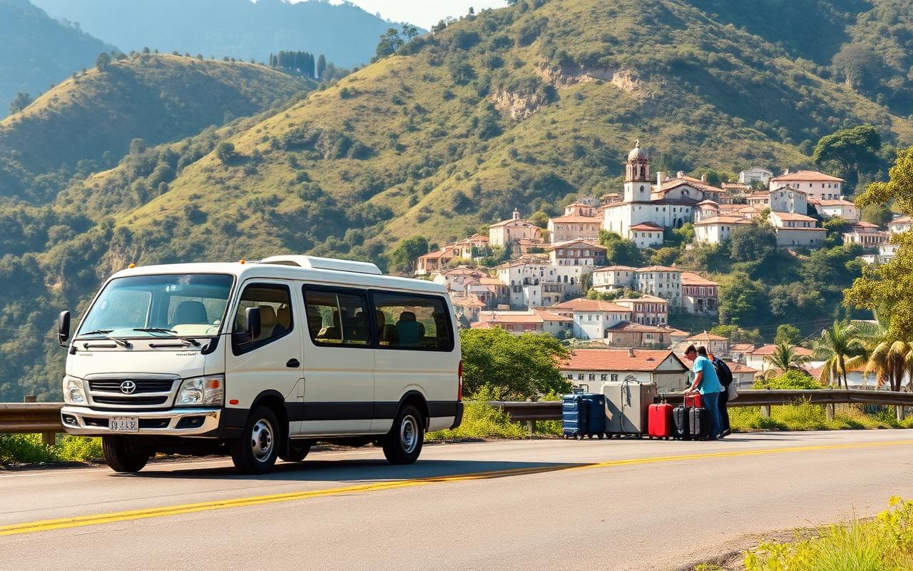 Micro-ônibus branco em estrada de montanha em Minas Gerais com bagagens sendo carregadas
